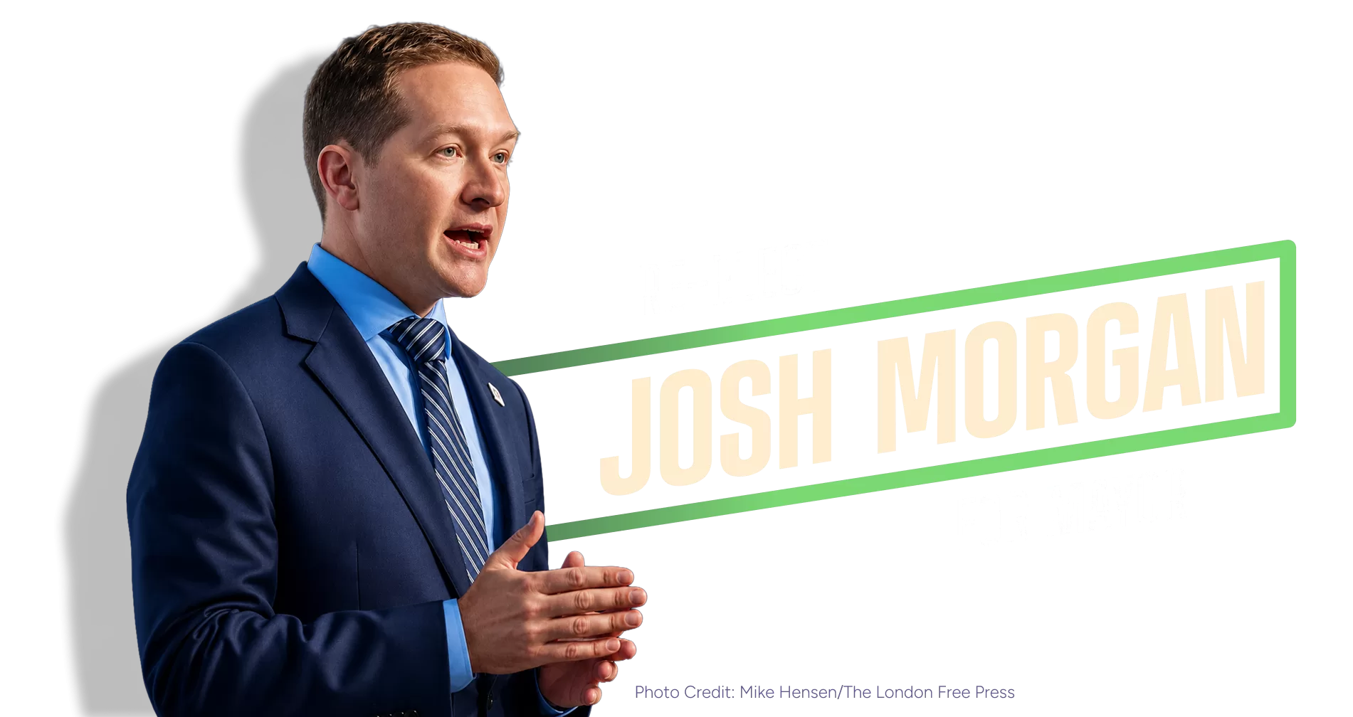 Josh Morgan in a blue suit and striped tie speaks confidently against a black background. Bold text reads "Re-elect Josh Morgan for Mayor" in a green-accented box.
