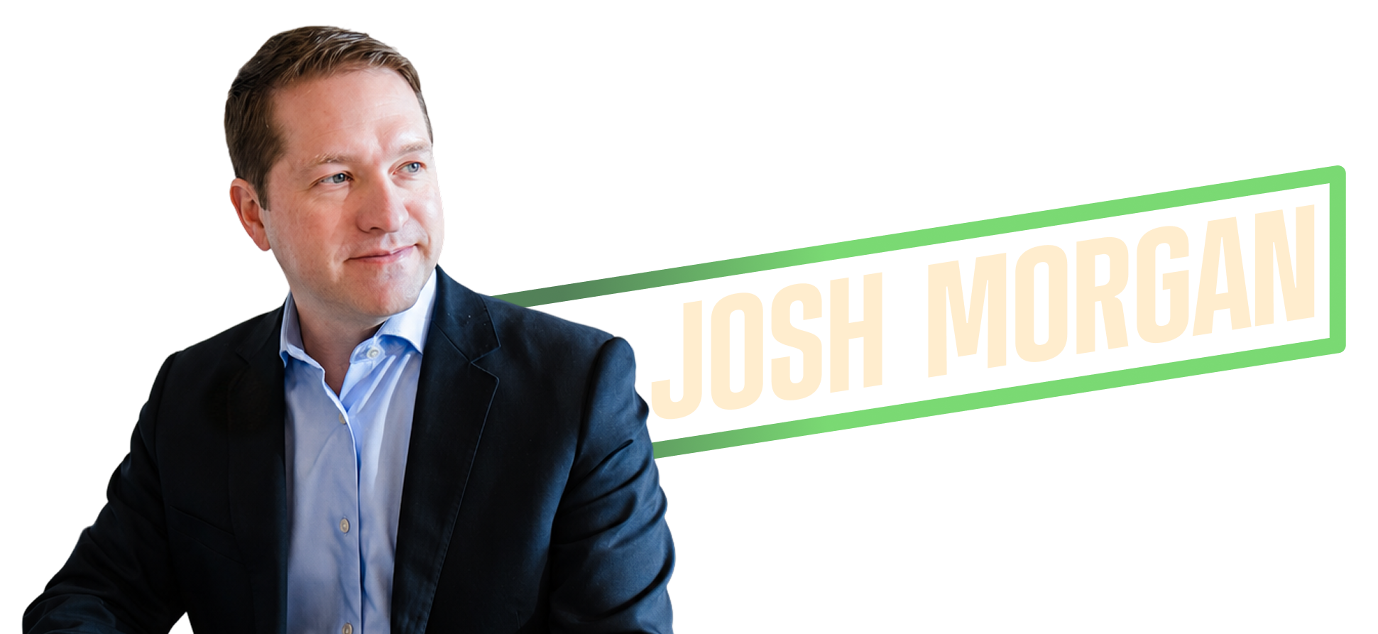 Re-elect campaign image showing Josh Morgan in a suit looking to the side, with bold text "Re-Elect Josh Morgan For Mayor" on a black background, conveying leadership.