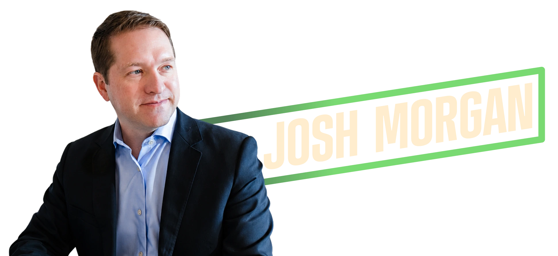 Re-elect campaign image showing Josh Morgan in a suit looking to the side, with bold text "Re-Elect Josh Morgan For Mayor" on a black background, conveying leadership.