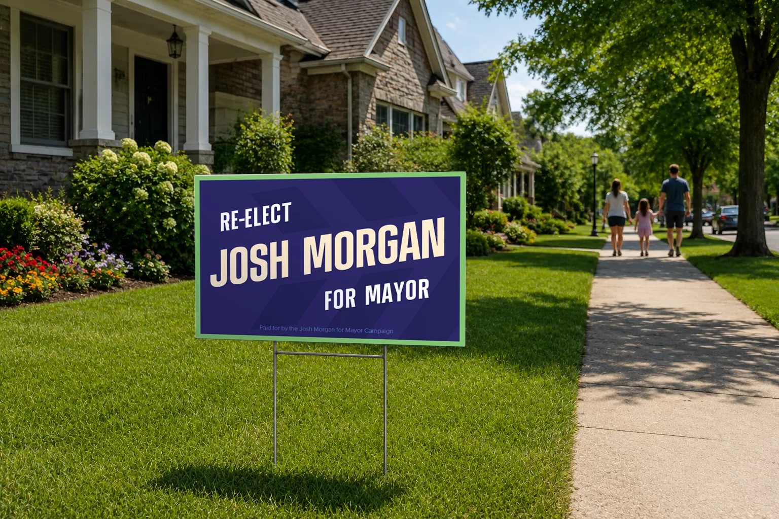 A campaign sign reading "Re-elect Josh Morgan for Mayor" on a lawn of a suburban neighbourhood. A family walks down the sunny sidewalk.